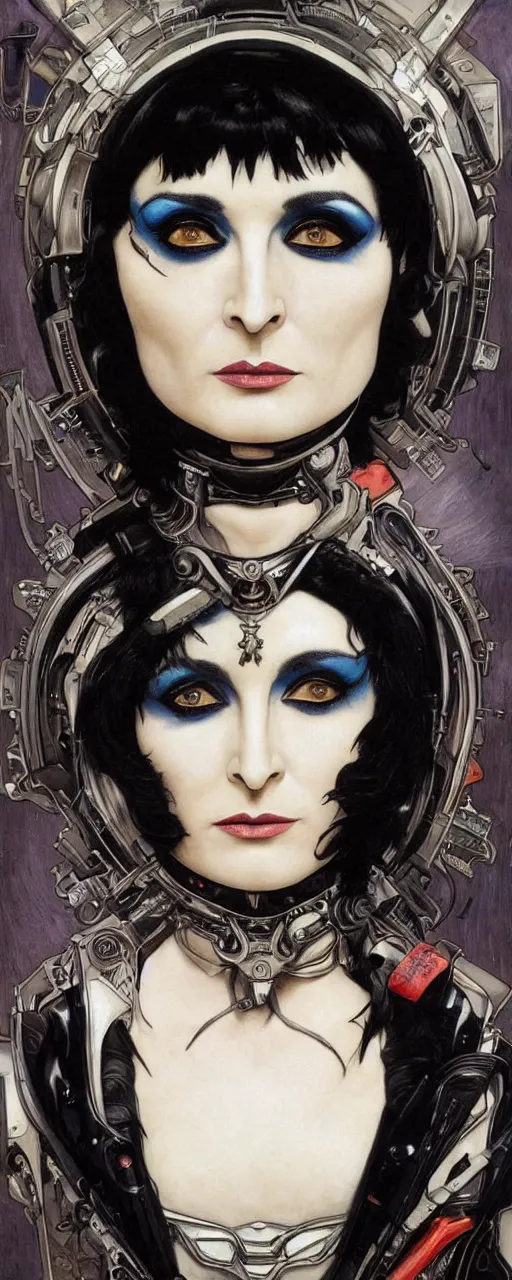 Image similar to a beautiful and captivating sci - fi art nouveau style portrait of siouxsie sioux as a futuristic gothpunk rebel soldier by chris achilleos, travis charest and alphonse mucha, mixed media painting, photorealism, extremely hyperdetailed, perfect symmetrical facial features, perfect anatomy, ornate declotage, circuitry, technical detail, confident expression, wry smile