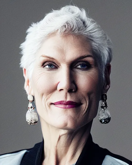 Prompt: A portrait of Maye Musk, highly detailed, trending on artstation, bokeh, 90mm, f/1.4