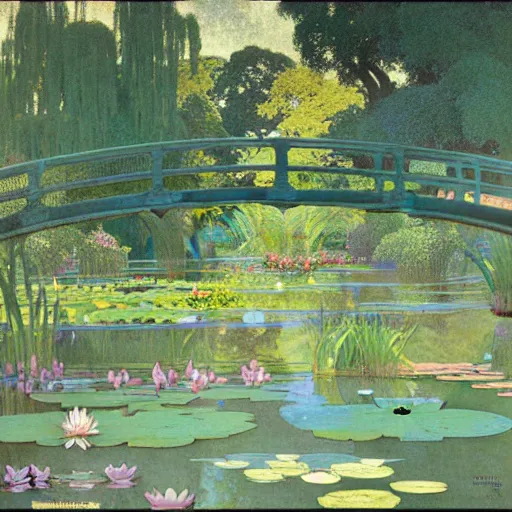 Prompt: water lily pond, fine lines, clean lines, drawn by maxfield parrish, alphonse mucha, henri gillet, william morris, john henry dearle, audrey kawasaki, james jean, victo ngai, odilon redon, gaston bussiere, felicien rops, eugene grasset, janis rozentals