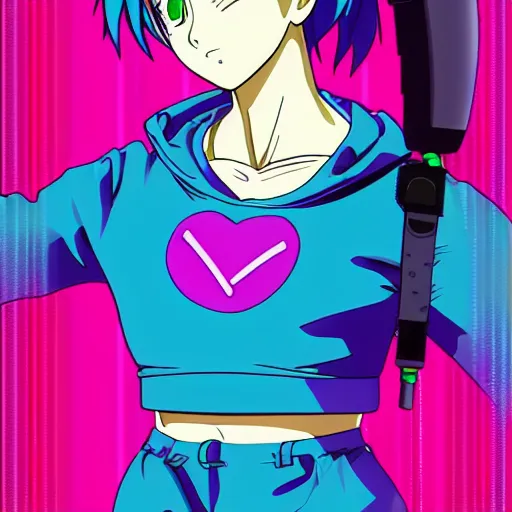 Image similar to bulma in hoodie, portrait, vaporwave, synthwave, neon, vector graphics, cinematic, volumetric lighting, f 8 aperture, cinematic eastman 5 3 8 4 film