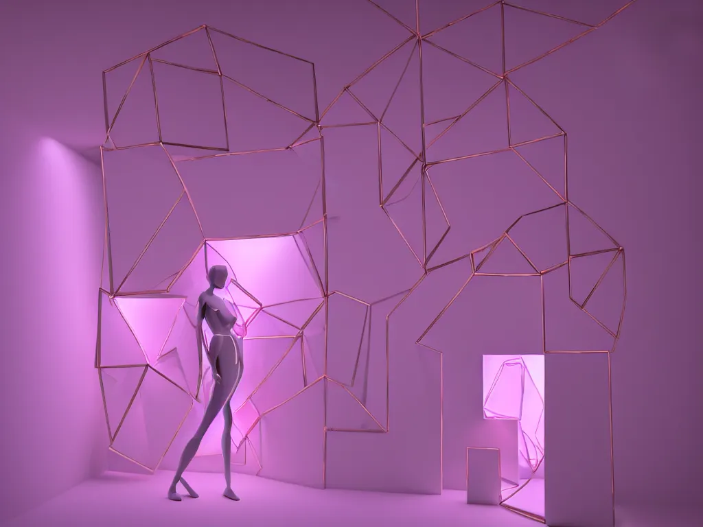 Image similar to beautiful mannequin sculpted out of amethyst by billelis + lit with geometric neon + iridescent geometric cubed bonsai plants!!!!, doorway opening with neon pink geometric light, clean linework, dramatic, finely detailed, rule of thirds, moody, award winning, 4 k, trending on artstation, photorealistic, volumetric lighting, octane render