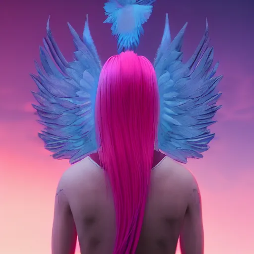 Prompt: beautiful warrior angel with pink hair, from behind, blue piercing eyes, mystery, beautiful aesthetic, by james jean, trending on artstation, digital art, octane render, 8 k, ultra realistic