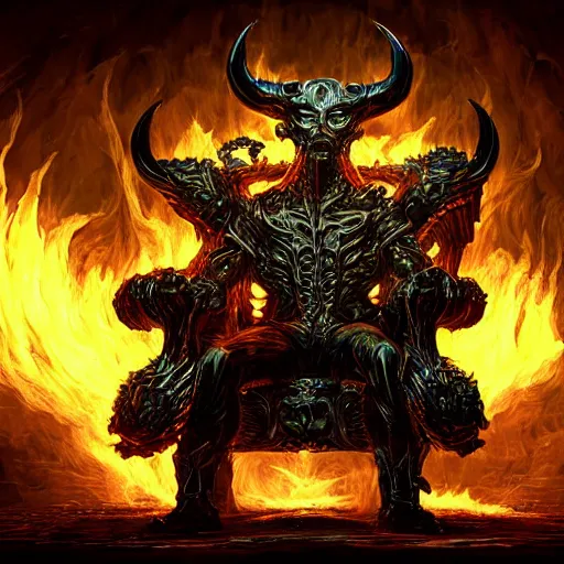 Prompt: the devil in his massive super complex chair that is on fire, surreal, sharp focus, digital art, epic composition, concept art, dynamic lighting, intricate, highly detailed