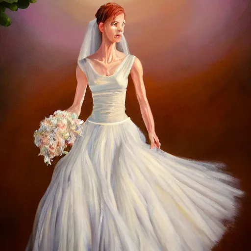 Image similar to oil painting of a velociraptor wearing a white wedding dress, atmospheric, beautiful, cinematic, detailed, fullbody portrait, 4 k, 8 k