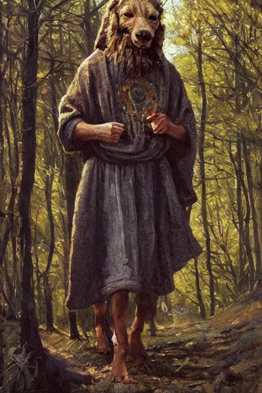 Image similar to slavic dog head man, woolen torso in medieval clothes, walking in the forest, orthodox saint christopher, oil painting, painting by viktor vasnetsov, concept art, hyperrealism, beautiful, high resolution, trending on artstation, by annie swynnerton and nicholas roerich, embroidered robes, starry tattoos, elaborate costume,