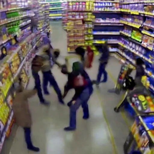 Image similar to cctv footage gang fight in walmart, high angle security camera feed, blurry and glitchy,