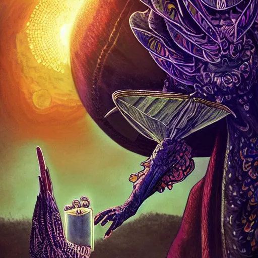 Prompt: A centered chest up portrait of a psychedelic godlike mothman with giant mandala wings smoking a hand-rolled cigarette smoking heavily , magic mushroom village in background , post-processing , award winning. superb resolution. in the art style of junji Ito and greg rutkowski . Detailed Mushroom city in background. Hyper realistic anime. Perfect art. Dalle2