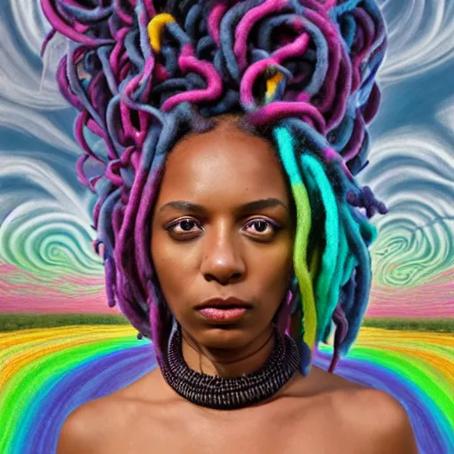 Image similar to a wide angle shot of a black girl with colorful dreadlocks in a field of candy, by Adi granov and afarin sajedi and amanda sage and evgeni gordiets and Agostino Arrivabene and adonna khare in a psychedelic portrait style, ultrarealistic matte painting, volumetric lighting, fractal, extremely symmetrical, highly detailed face, orisha, 8k, hd