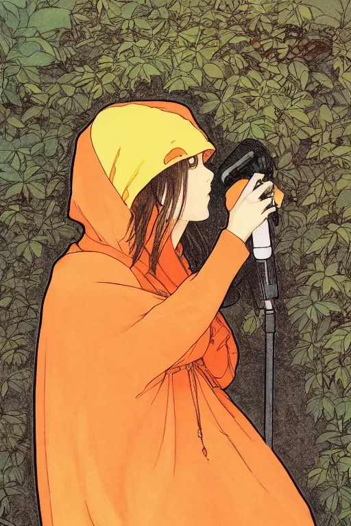 Image similar to a Girl in a large hood crouching on the ground by studio ghibli and mucha ,Visual Communication Design Refreshing colour ,orange slices,album,Microphone