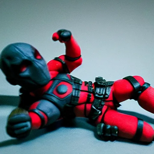 Image similar to wade wilson claymation, deadpool, cinematic, volumetric lighting