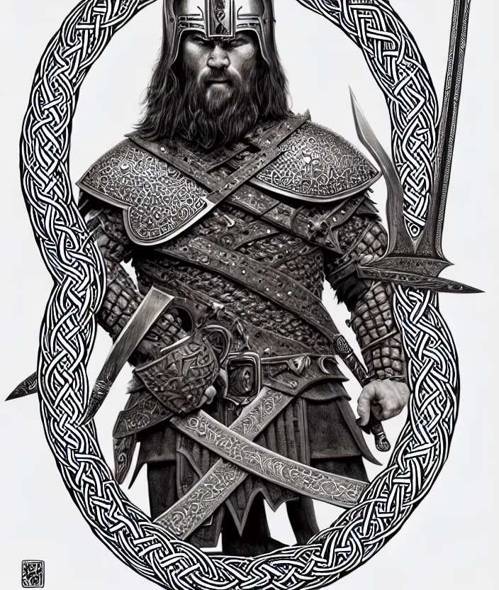 Image similar to knotwork with center viking warrior, extremely detailed, bold line art, by vincent di fate and joe fenton and artgerm, holding shield and sword, centered, inking, etching, screen print, inkblots of color, masterpiece, trending on artstation, sharp, high contrast, hyper realistic, hd, 4 k, 8 k