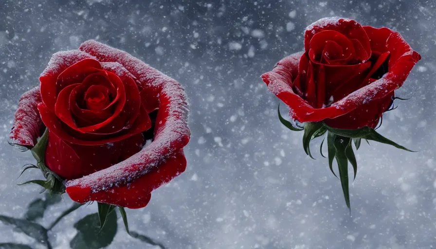 Image similar to red rose in the snow, sunlight, volumetric light, hyperdetailed, artstation, cgsociety, 8 k