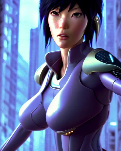 Image similar to weta disney pixar movie still portrait photo of motoko kusanagi ghost in the shell : : as cyborg woman by pixar : : by weta, wlop, ilya kuvshinov, rossdraws, artgerm, marvel, maxim cover, latex, octane render, sweaty, iridescent, bright morning, anime, liosh, mucha : :