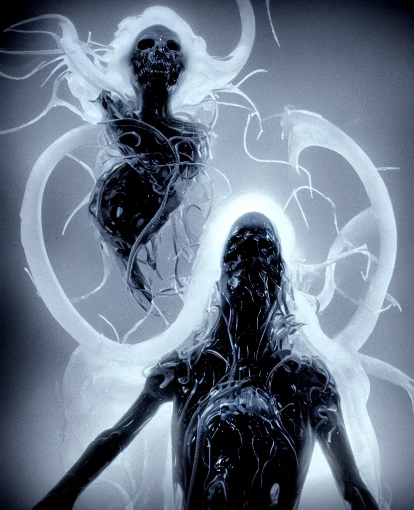 Image similar to Blake (The Fog - John Carpenter), epic angle and pose, symmetrical artwork, 3d with depth of field, blurred background, cybernetic jellyfish female face skull phoenix bird, translucent, nautilus, energy flows of water and fire. a highly detailed epic cinematic concept art CG render. made in Maya, Blender and Photoshop, octane render, excellent composition, cinematic dystopian brutalist atmosphere, dynamic dramatic cinematic lighting, aesthetic, very inspirational, arthouse. y Greg Rutkowski, Ilya Kuvshinov, WLOP, Stanley Artgerm Lau, Ruan Jia and Fenghua Zhong