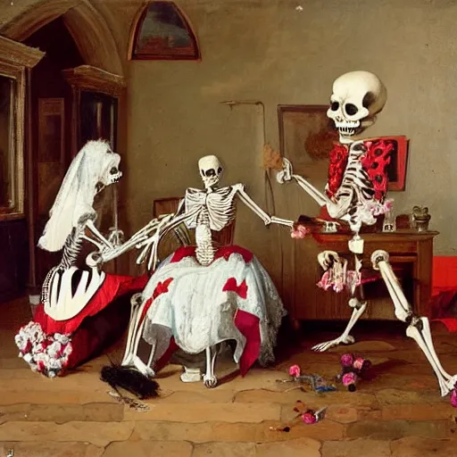 Prompt: a skeleton Queen, France, wine, costumes, two sisters cleaning on the floor, red and white flowers, perfume, baroque, Dutch masters