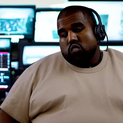 Prompt: obese Kanye West wearing a headset yelling at his monitor while playing WoW highly detailed wide angle lens 10:9 aspect ration award winning photography