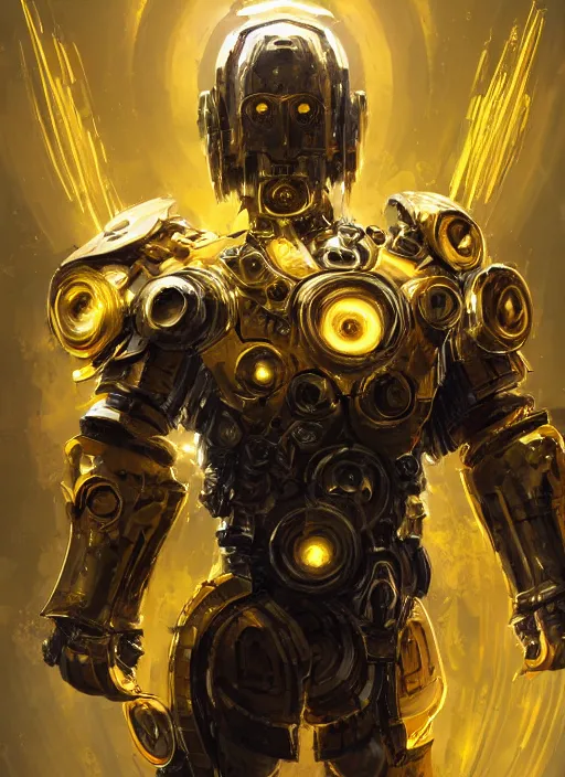 Prompt: dynamic abstract portrait of a intricate glorious holy mechanical warforged character in yellow armor holding a paladin engraved great longsword drawn and carrying a big paladin shield, beam glowing eye , face in focus, epic , trending on ArtStation, masterpiece, cinematic lighting, by Ross Tran and by Greg Rutkowski