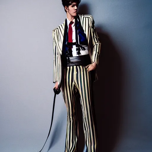 Image similar to male fashion model in year 2030 in Hamburg, model wearing a fancy suit from Italy in beige with blue striped s,dramatic lighting,photography , fashion magazine editorial , highly detailed