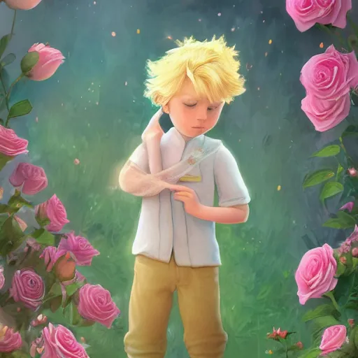 Prompt: the little prince standing in a garden of roses, blond hair, gorgeous, amazing, elegant, intricate, highly detailed, digital painting, artstation, concept art, sharp focus, illustration, art by corinna ice