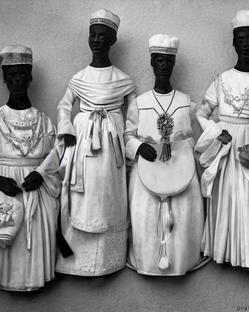 Prompt: Award winning reportage photo of Monegasque Natives traditional garb on museum Manniquins by Dian Arbus, 85mm ND 5, perfect lighting, gelatin silver process