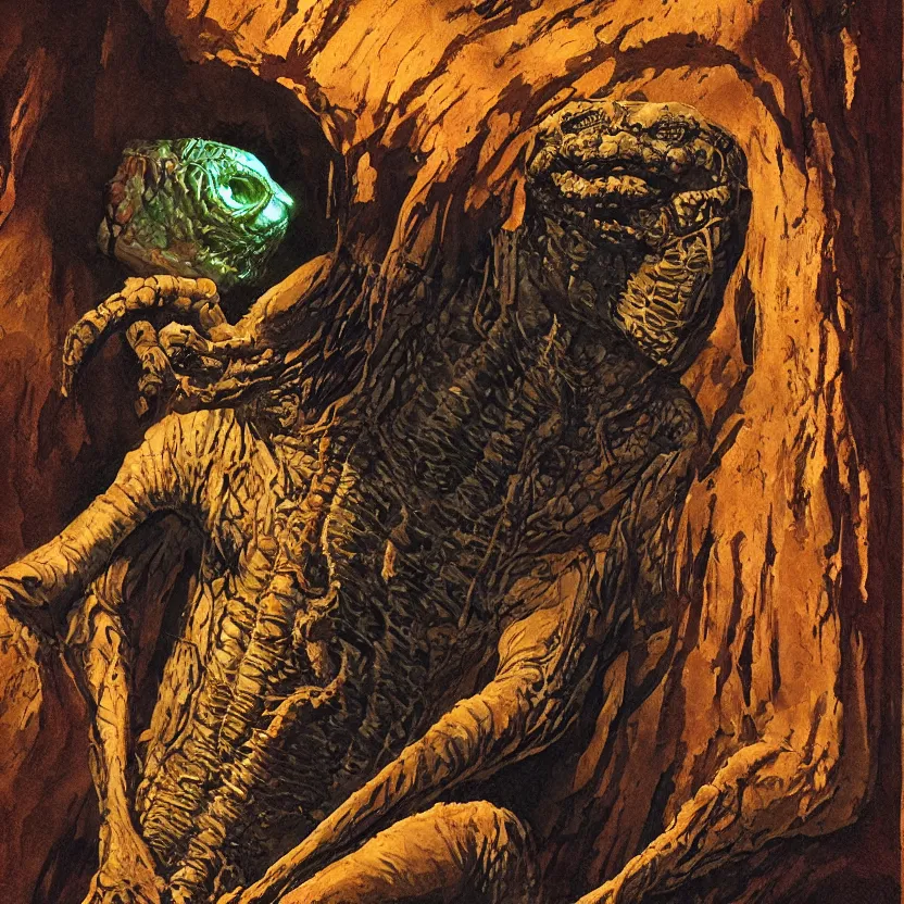 Prompt: close - up view of a reptile mummy emerging from a glowing ancient tomb. pulp sci - fi horror by basil gogos, vincent difate, sanjulian, and emsh. sharp focus. highly detailed illustration. dark background