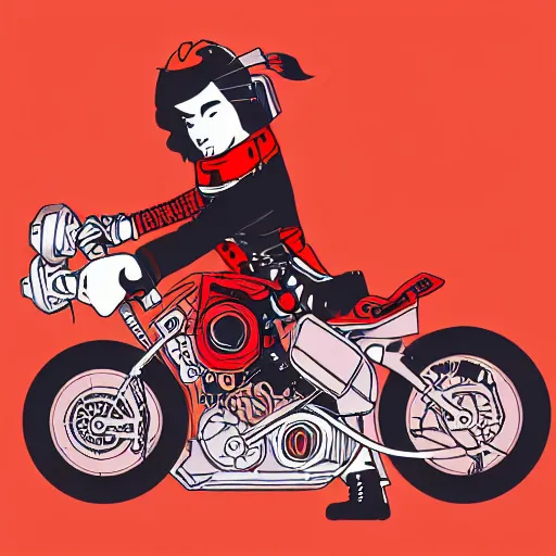 Image similar to An illustration of a mechanical punk motorcyclist carrying a samurai sword , on a red background, by matt griffin