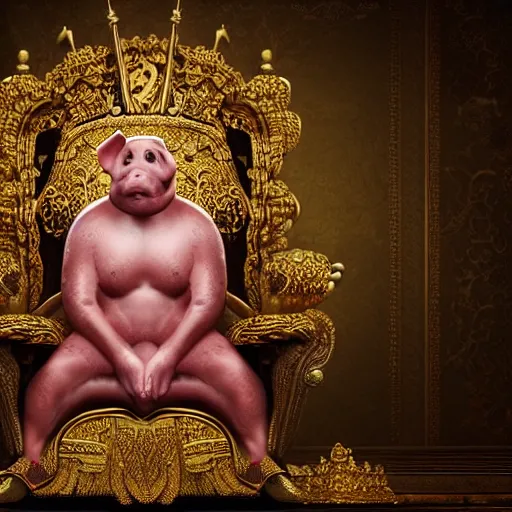 Image similar to isolated photo realistic of pig king on throne, realistic, award winning, cinematic