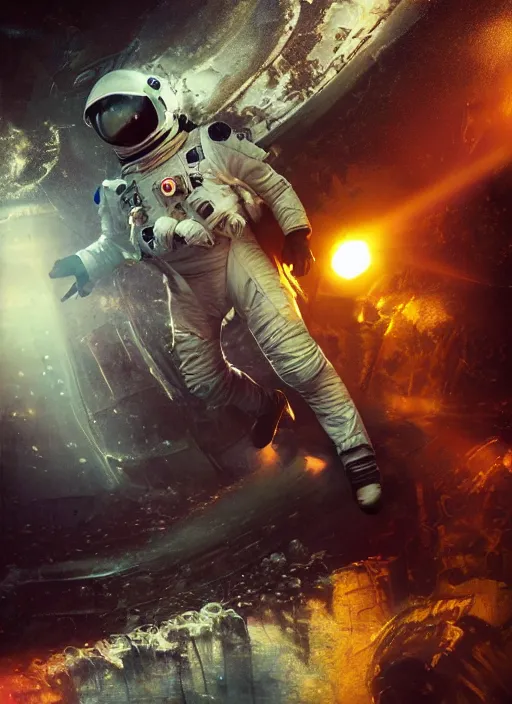 Image similar to cgi poster art by craig mullins astronaut in futuristic dark and empty spaceship underwater. infrared glowing lights. complex and hyperdetailed technical suit. reflection and dispersion materials. rays and dispersion of light. volumetric light. 5 0 mm, f / 3 2. noise film photo. flash photography. octane render. interstellar movie poster