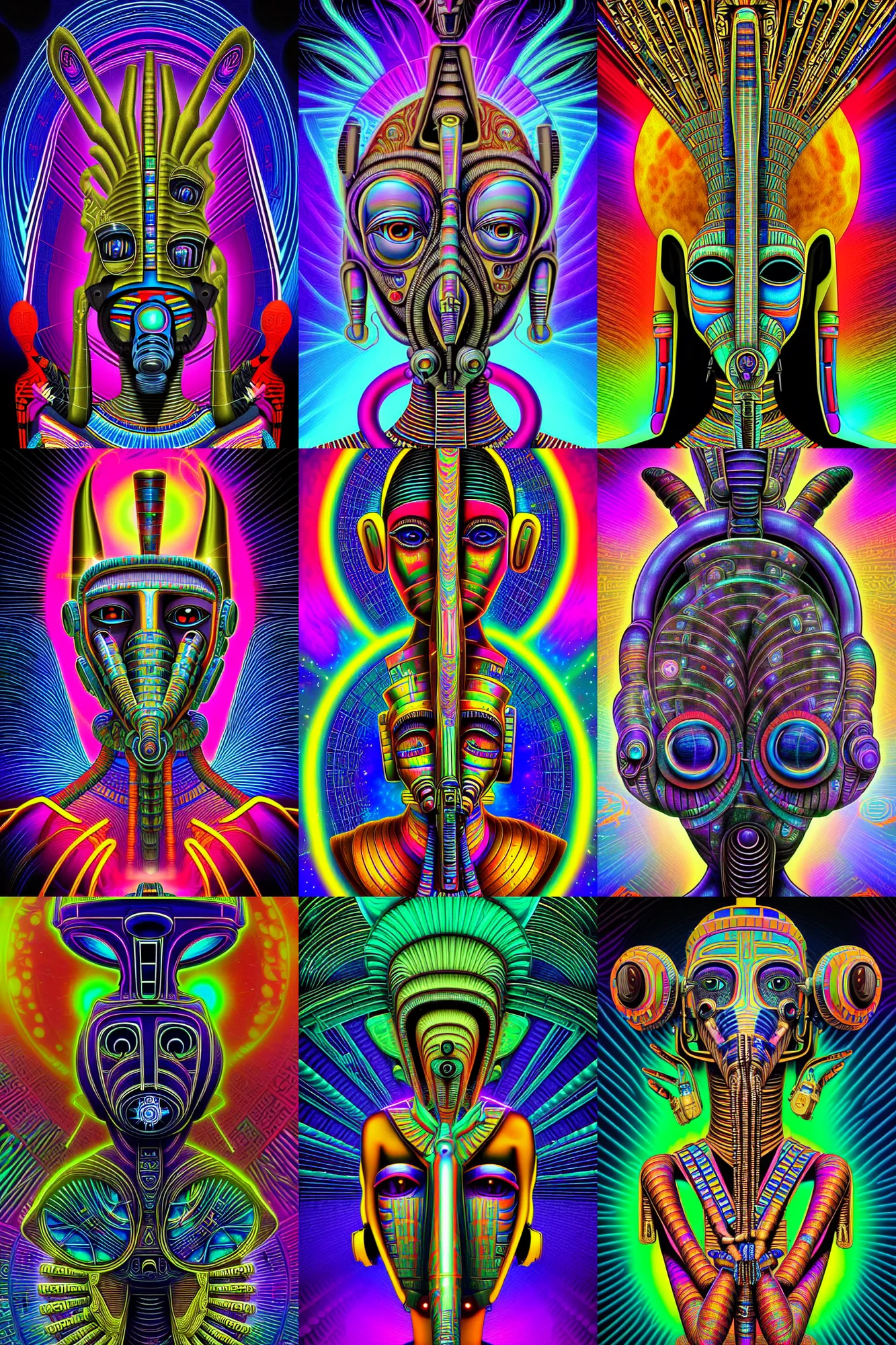 Prompt: a detailed digital art of a fashionable egyptian mayan deity aliens extraterrestrial wearing a beautiful cybernetic gas mask in the style of alex grey and beeple and william blake and stephen gammell in the style of adorable dark fantasy, fantasy, art deco, crisp, award winning art, vivid colors, cmyk color scheme
