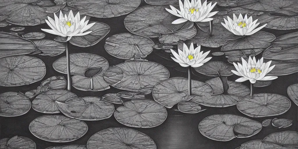 Image similar to a beautiful painting of waterlily pond by aaron horkey, trending on artstation