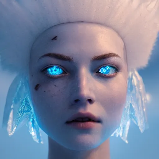 Image similar to ice goddess with beautiful face with a glowing blue crystal on her forehead, frosty white eyes, winter mist around her, white plated armor, pale skin, white smoke + photorealism, octane render, frostbite, 8 k, cinematic, 3 5 mm, aspect ratio