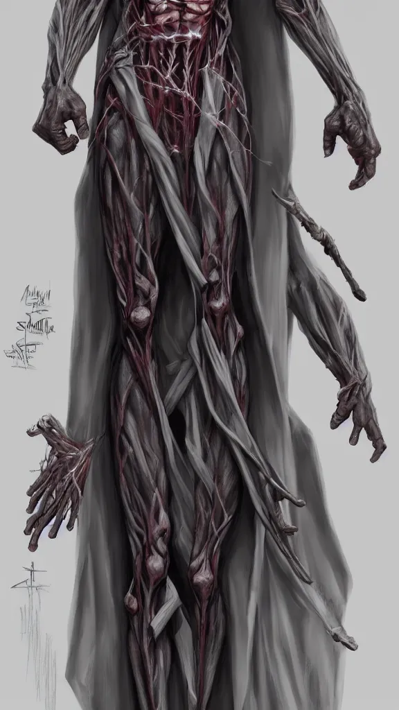 Image similar to plastination wizard, realistic, wearing robes, full body, standing in crypts, artgerm, artstation