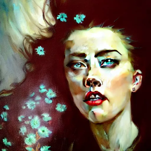 Image similar to hyperrealistic portrait of a woman as amber heard as a vampire witch grin in a black coat closing a window over the shoulder shot among falling petals. by jeremy mann and alphonse mucha, fantasy art, photo realistic, dynamic lighting, artstation, poster, volumetric lighting, very detailed faces, 4 k, award winning