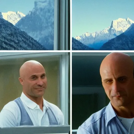 Image similar to Poetic sequence in Mr. Clean, a movie by Wes Anderson starring Adrian Brody. Adrian Brody tries to clean the windows of a large hotel in the Alps with mountain in the background. Splendid Wes Anderson colors, cinematic, very crisp