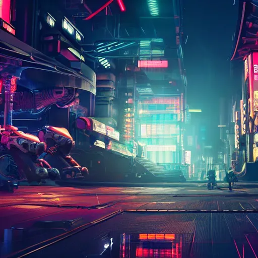 Image similar to A wide shot of a cyborg samurai, cyberpunk background with steampunk vehicles. High action glowing neon lights. Very beautiful, Cinematic, volumetric lighting, Award winning, ultra high resolution, intricate details, rendered with unreal engine, octane render, UHD 8K