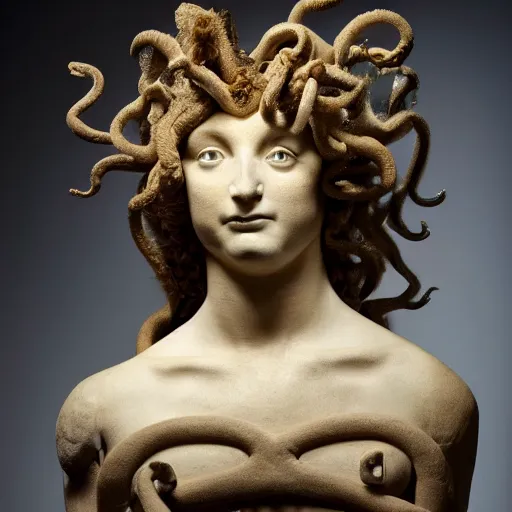 Image similar to a taxidermized medusa mythology, in a museum, portrait,