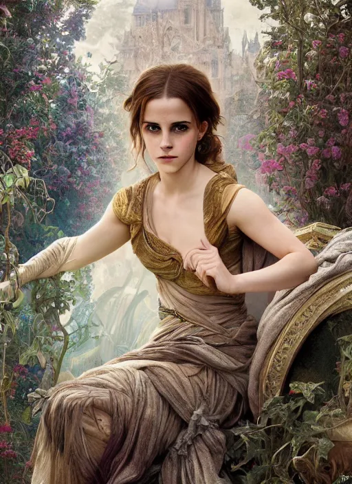 Image similar to Emma Watson as Driada, detailed photograph intricate insanely detailed octane render, 8k artistic photography, photorealistic, full body shot, cute, fantasy, intricate, elegant, highly detailed, digital painting, 4k, HDR, concept art, smooth, sharp focus, illustration, art by alphonse mucha,artgerm, H R Giger