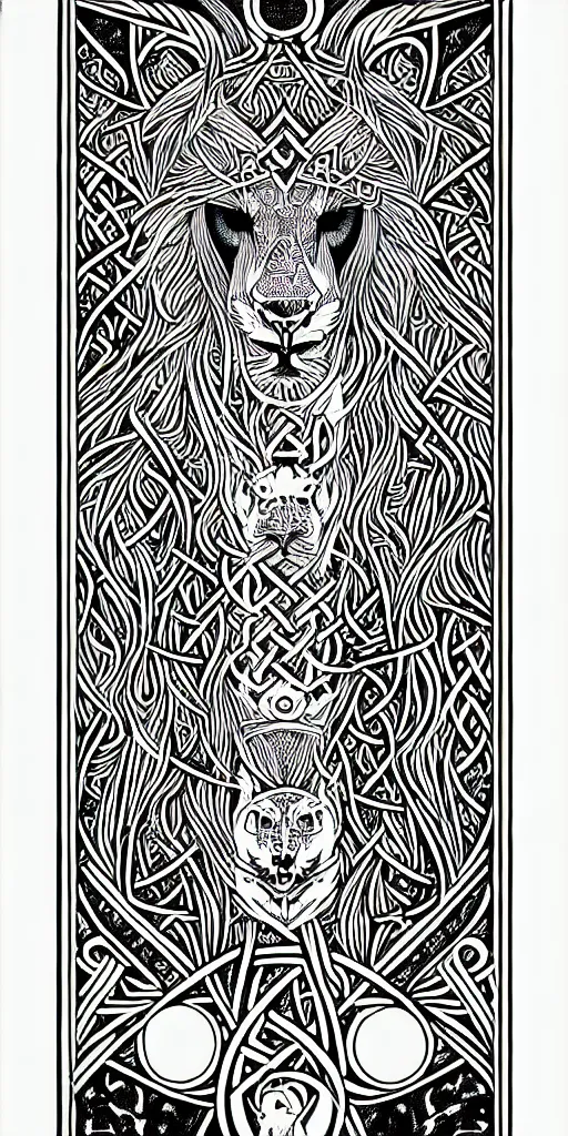 Image similar to a beautiful black and white fractal viking lioness tarot card featuring bold occult imagery with clean lines. detailed adult coloring book