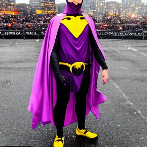 Image similar to a blur of purple, yellow, and black. figure in a cape, and cowl - flew in a split second under the rainy yet gloomy skies of gotham city