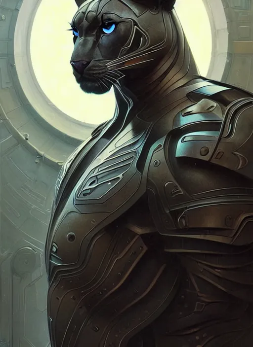 Image similar to seen through a window!! symmetry!! portrait of a panther, sci - fi armour! muscular, fantasy, intricate, elegant, highly detailed, digital painting, artstation, concept art, smooth, sharp focus, illustration, art by artgerm and greg rutkowski and alphonse mucha