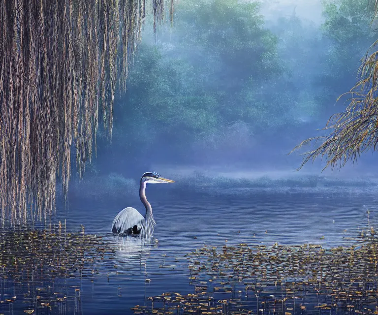 Image similar to a majestic blue heron in shallow river, waterfalls in distance, left border beautiful willow, right border cherry blosom trees, lily pads bullrushes marsh clouds, golden hour intricate luminescent matte painting, highly detailed, artstation