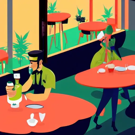 Image similar to close up of waiter at the table : cafe serves cannabis to its customers in australia, isometric illustration fun style hyperrealistic render in pixar, by darwyn cooke