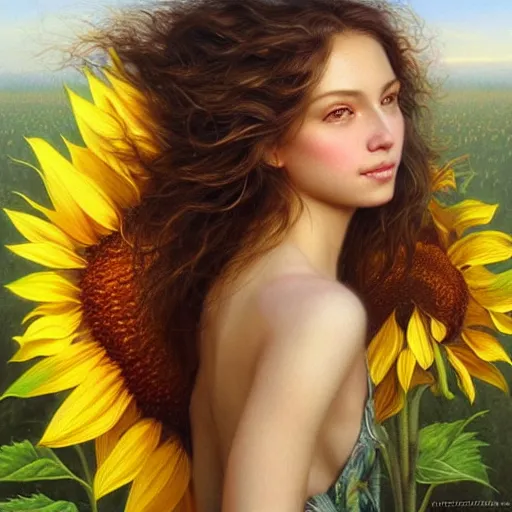 Image similar to a girl slowly walking through amazing tall sunflower field, hair flowing, early morning lighting, elegant, subtle, intricate details, detailed face!, real masterpiece, oil on canvas, by karol bak, ayami kojima, artgerm, smile, concept art, fantasy