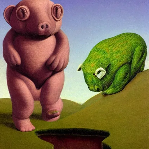 Prompt: a tardigrade-moss-piglet by Raphael, Hopper, and Rene Magritte. detailed, romantic, enchanting, trending on artstation.