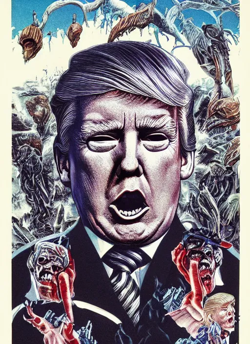 Image similar to donald trump's true disgustuing nature, horror, high details, intricate details, by vincent di fate, artgerm julie bell beeple, 1 9 8 0 s, inking, vintage 8 0 s print, screen print