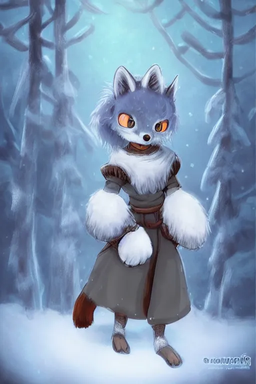 Image similar to a pretty medieval anthropomorphic snow fox with a fluffy tail in the forest, comic art, trending on furaffinity, cartoon, kawaii, backlighting, furry art!!!, radiant light, bokeh, trending on artstation, digital art