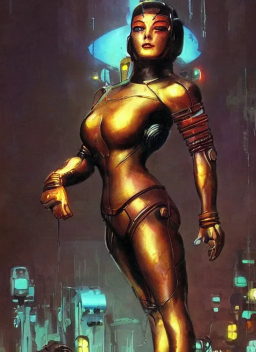 Prompt: female android, rusty hair, glowing skin, strong line, bright vibrant color, beautiful! coherent! by frank frazetta, high contrast, cyberpunk