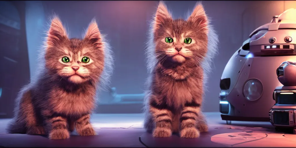 Image similar to a 3 d rendered movie of a cute robot kitten. the robot has rgb lighting implants and it resembles a maine coon kitten. in the background is a cat tree ( cyberpunk ). dramatic lighting. science fiction blockbuster movie, imax 7 0 mm. octane 3 d render, style of mandalorian ( american space western television series )