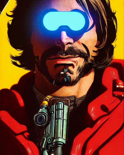 Prompt: mccree from overwatch, cyber space cowboy, eye patch, cigar, outter space, cyber armor, character portrait, portrait, close up, concept art, intricate details, highly detailed, vintage sci - fi poster, retro future, vintage sci - fi art, in the style of chris foss, rodger dean, moebius, michael whelan, and gustave dore