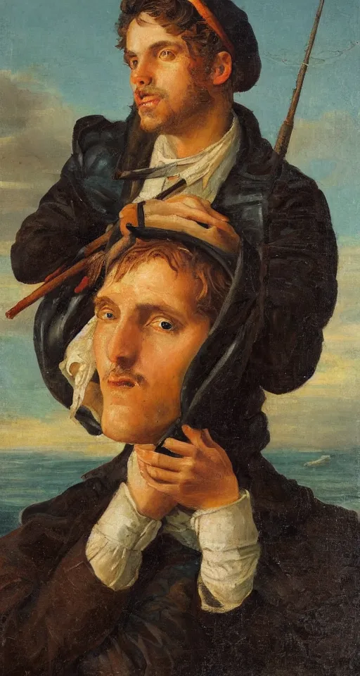 Image similar to romantic portrait painting of a fisherman with a cormorant on his shoulders, in romantic style, sfumato